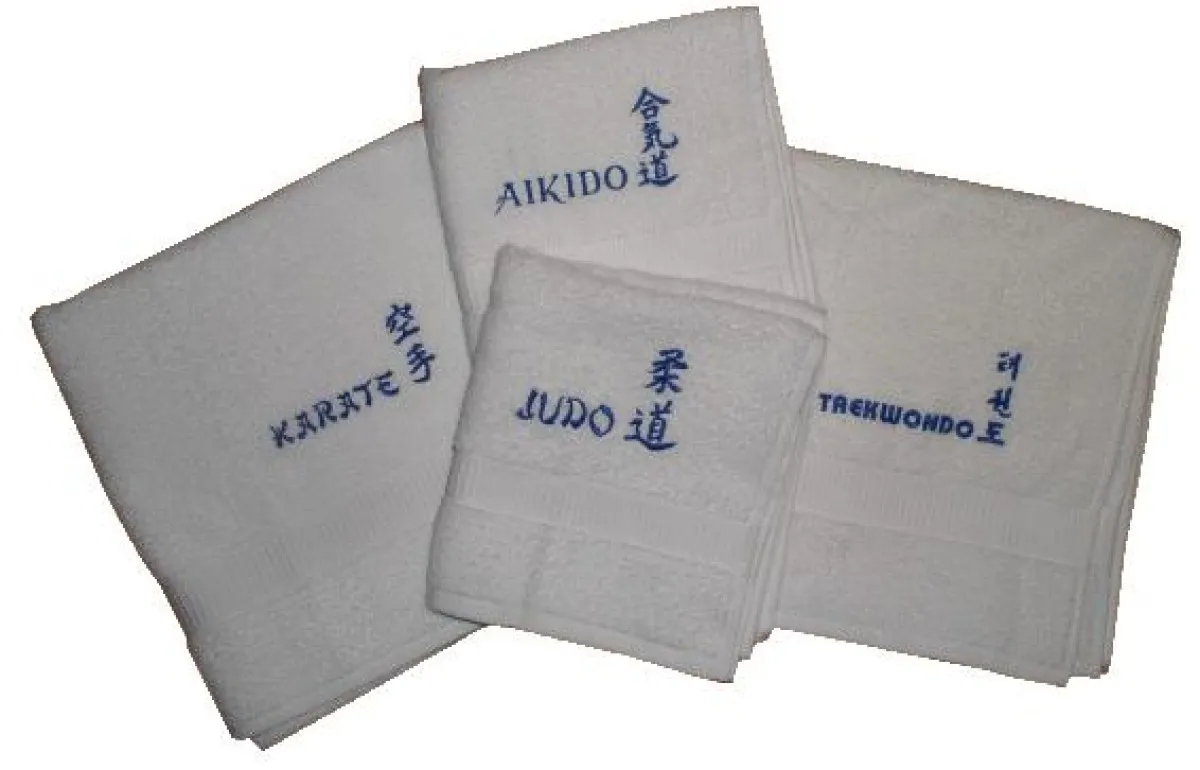 Terry towels white embroidered in royal blue with Aikido and characters