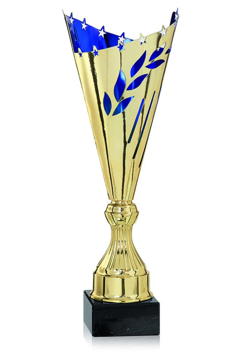Pokal gold/blau mit gelaserten Blattdesign