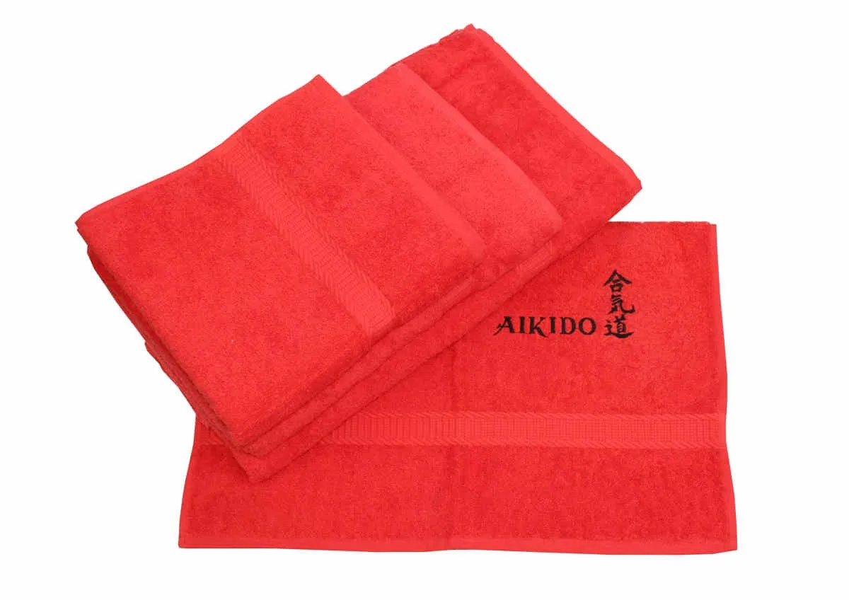 Tissu éponge rouge brodé en noir avec Aikido et Kanji