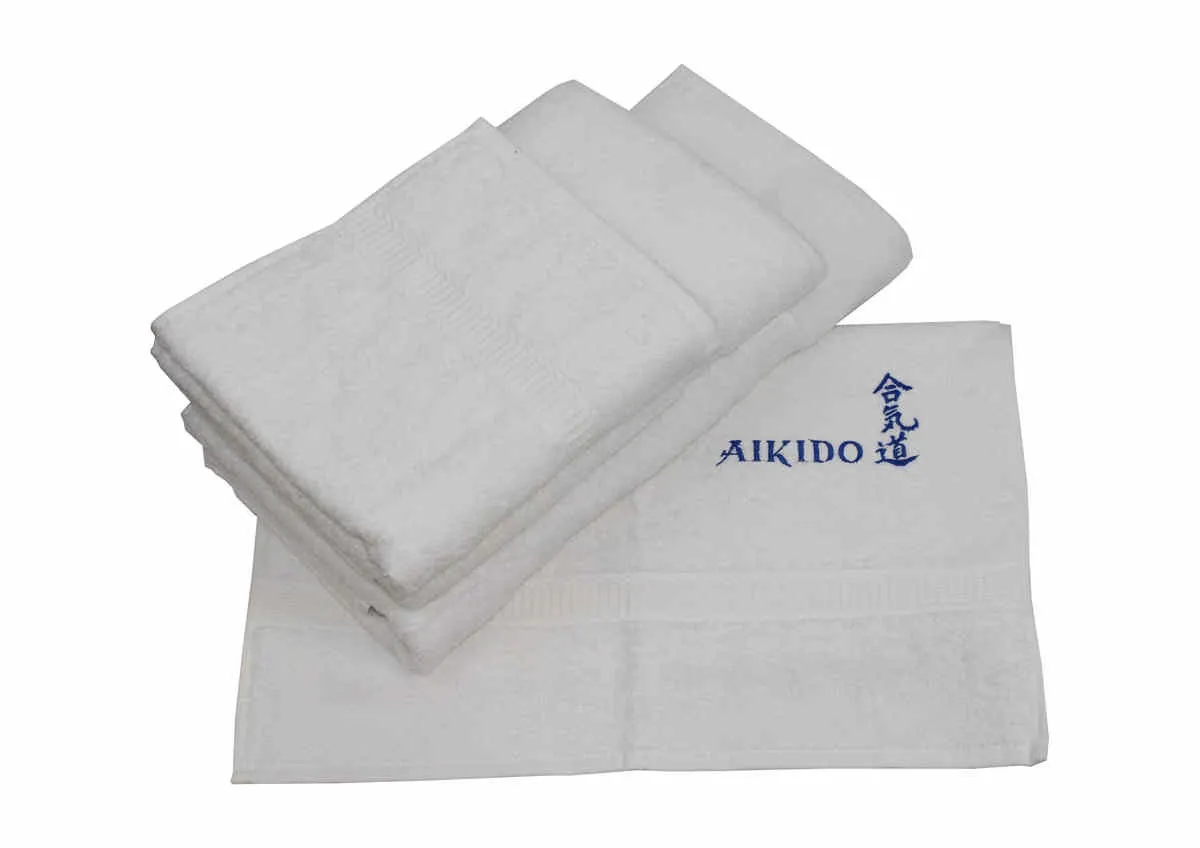 Tissu éponge blanc brodé en bleu royal avec Aikido et Kanji