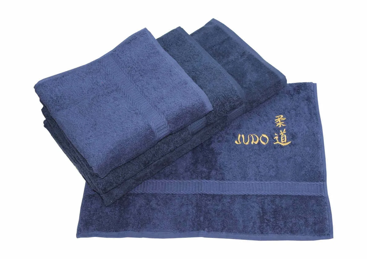 Tissu éponge bleu foncé brodé en or avec Judo et Kanji