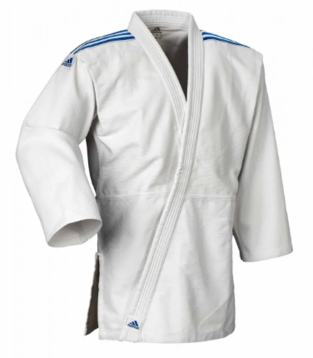 Traje de judo Adidas Club J350 blanco con rayas azules en los hombros