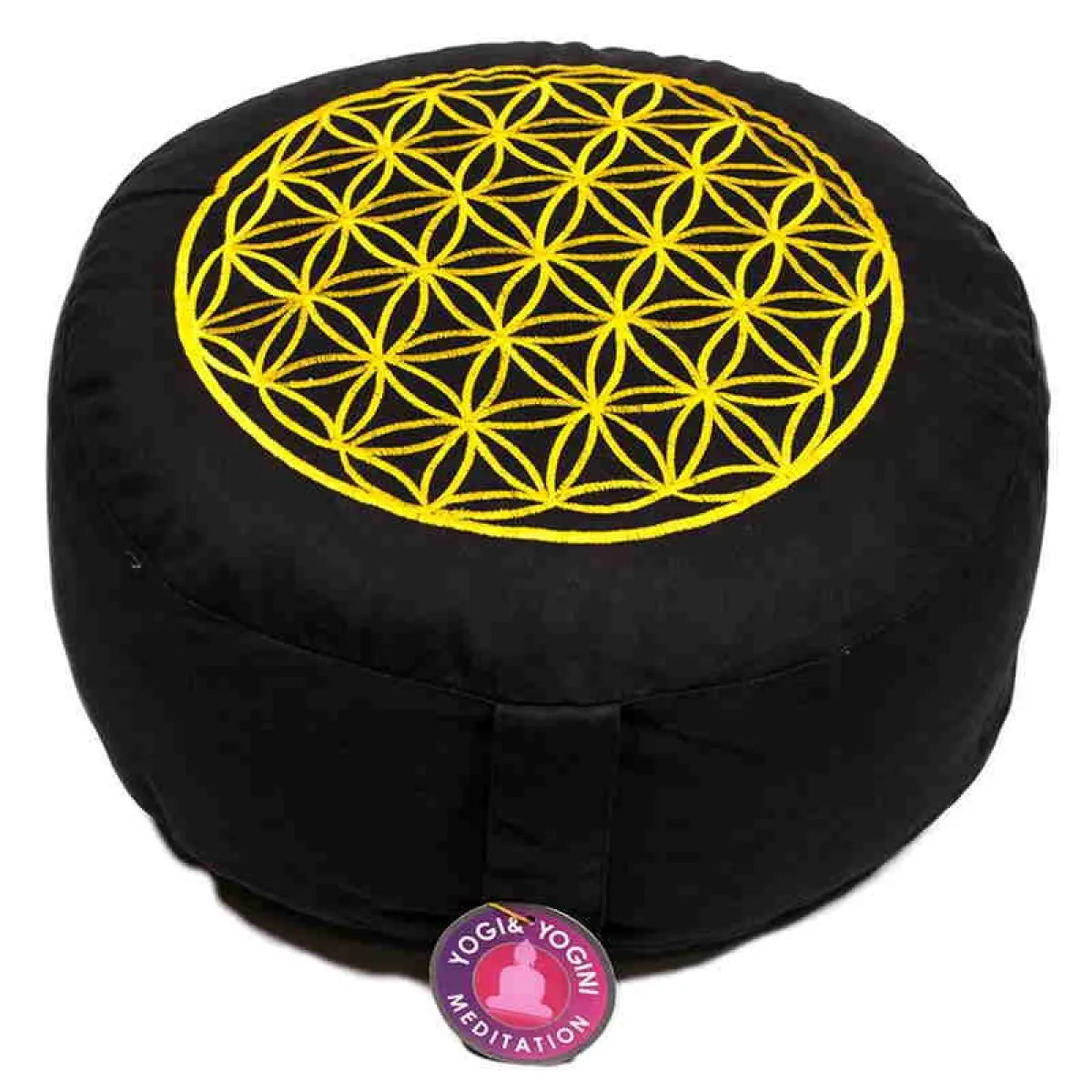 Meditation cushion | Yoga cushion 33x17 cm black with the flower of life in golden yellow