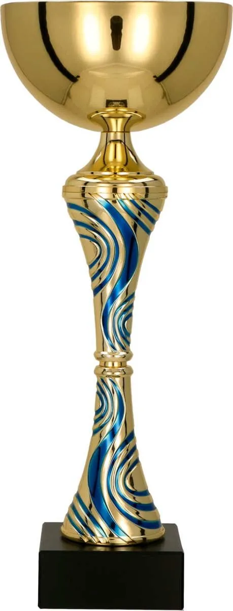 Gold trophy with blue plastic lines