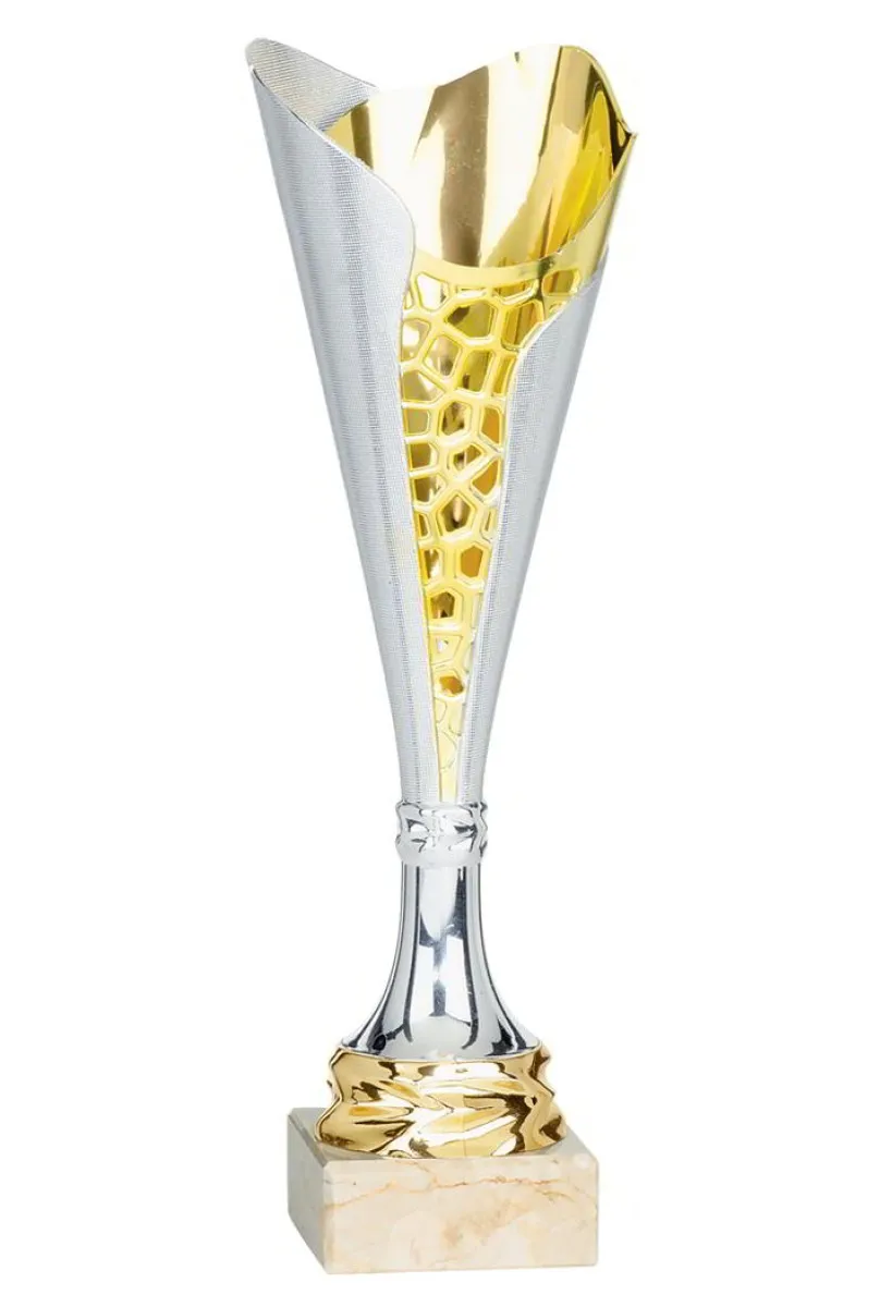 Pokal silber/gold aus Konststoff in Kelchform mit Marmorsockel