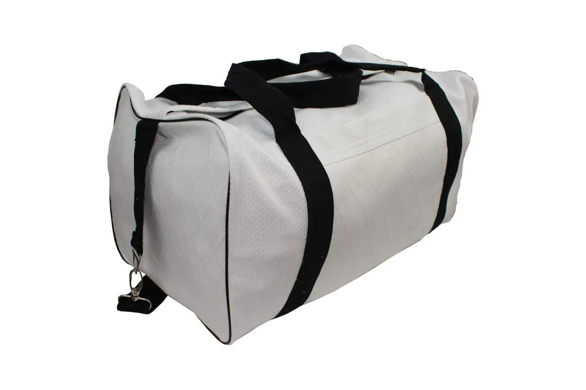 White judo bag made of judo suit fabric with back number