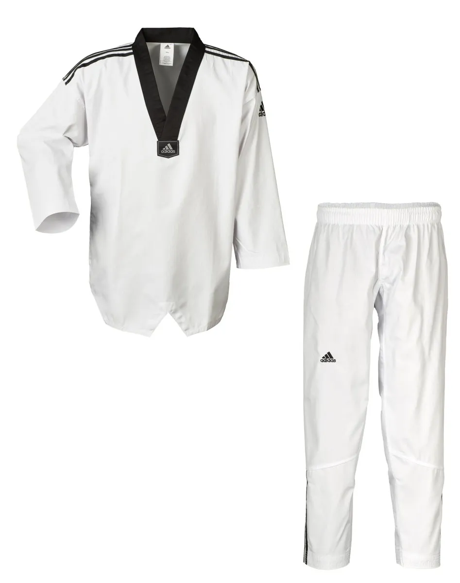 Traje de taekwondo adidas, Adi Club 3, solapa negra con rayas en los hombros en la parte delantera