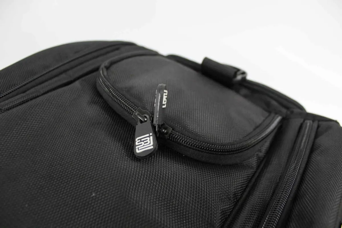 Sports bag with rucksack function in black with blue side inserts