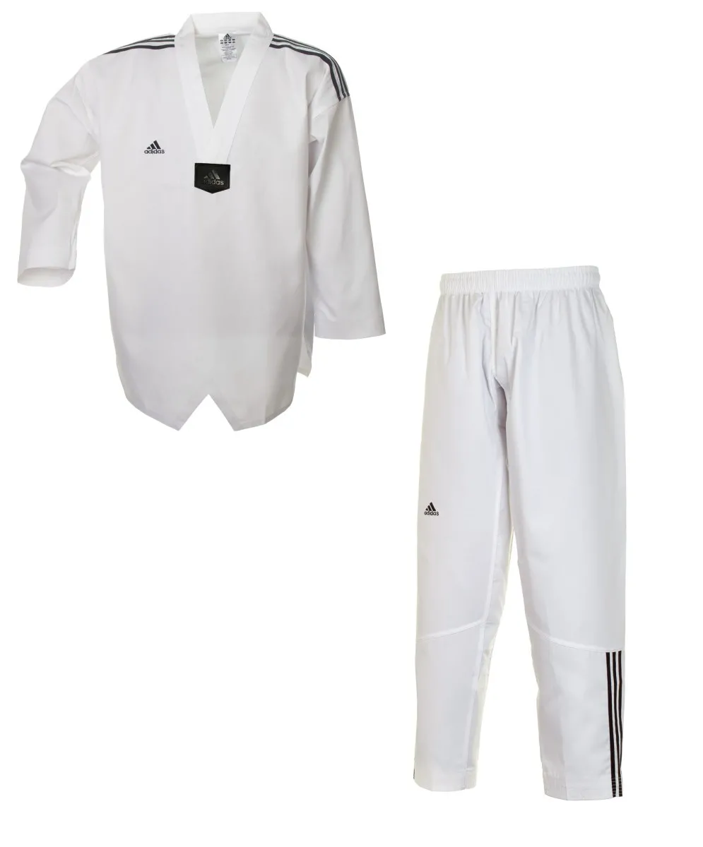 Traje de taekwondo adidas, Adi Club 3, solapa blanca con logotipo adidas a rayas en los hombros
