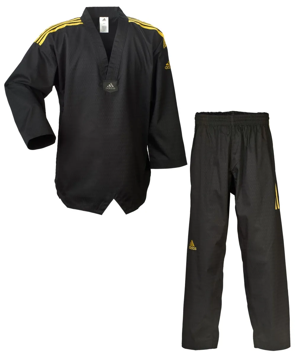 Traje de taekwondo adidas adi champion negro, franjas doradas en los hombros adidas