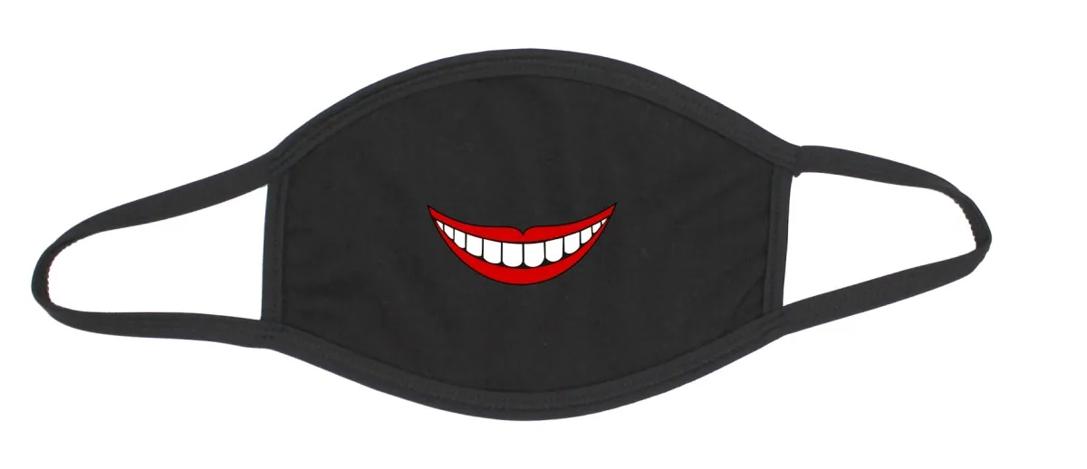 Black cotton mouth and nose mask with a laughing mouth