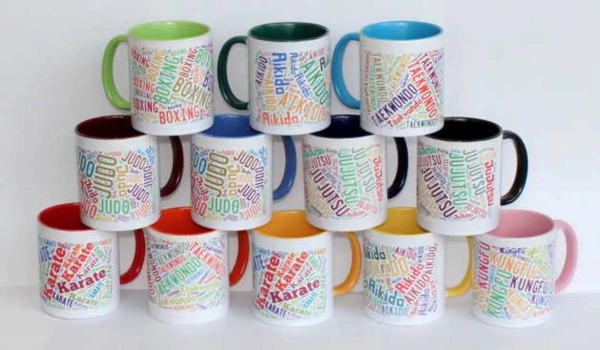 Mug white/colourful printed with Karate colourful