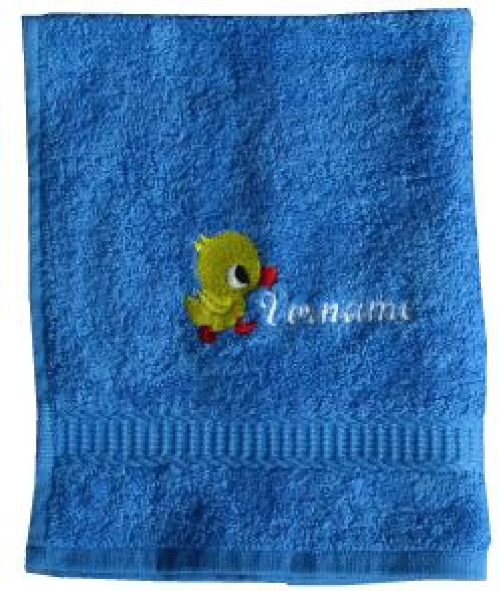 Ducha y toallas con el motivo "pato con nombre"