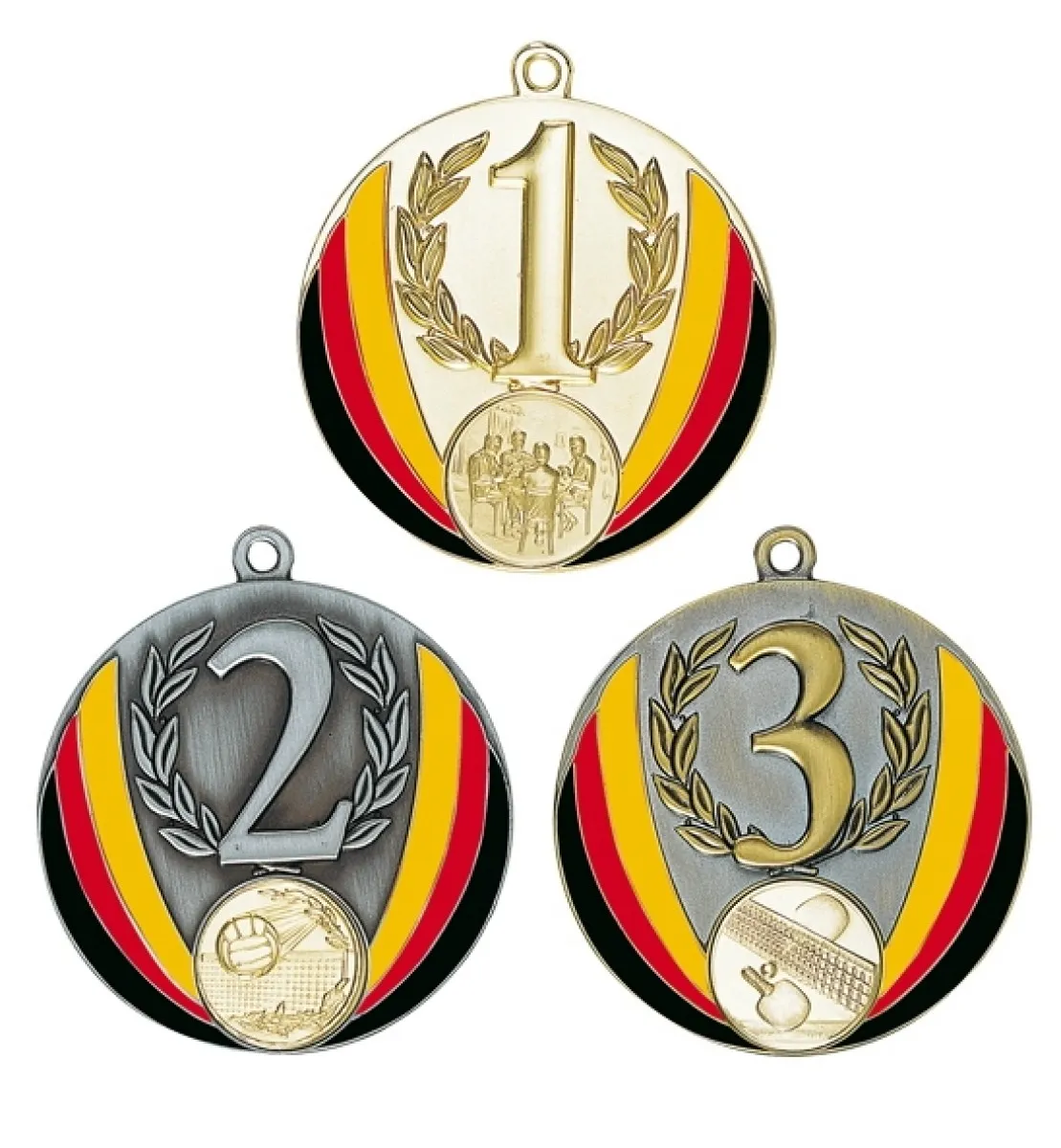 Medaillen mit Deutschlandfahnen in gold, silber oder bronze. Durchmesser ca. 7 cm. Emblemgröße 2,5 cm.