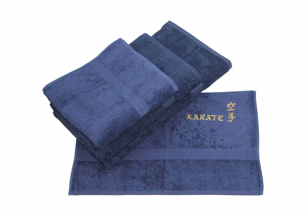 Tissu éponge bleu foncé brodé en or avec karaté et Kanji