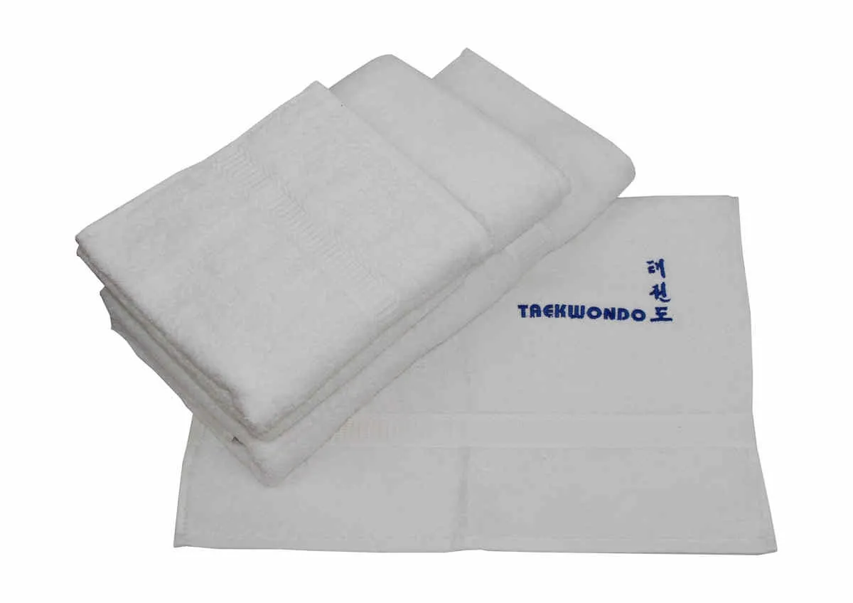 Terrycloths white embroidered in royal blue with Taekwondo and Kanji