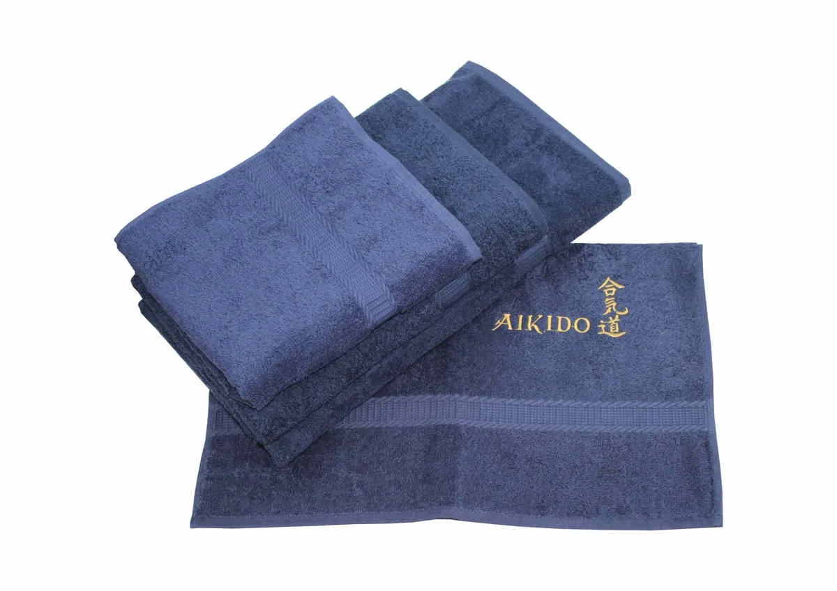 Tissu éponge bleu foncé brodé en or avec Aikido et Kanji
