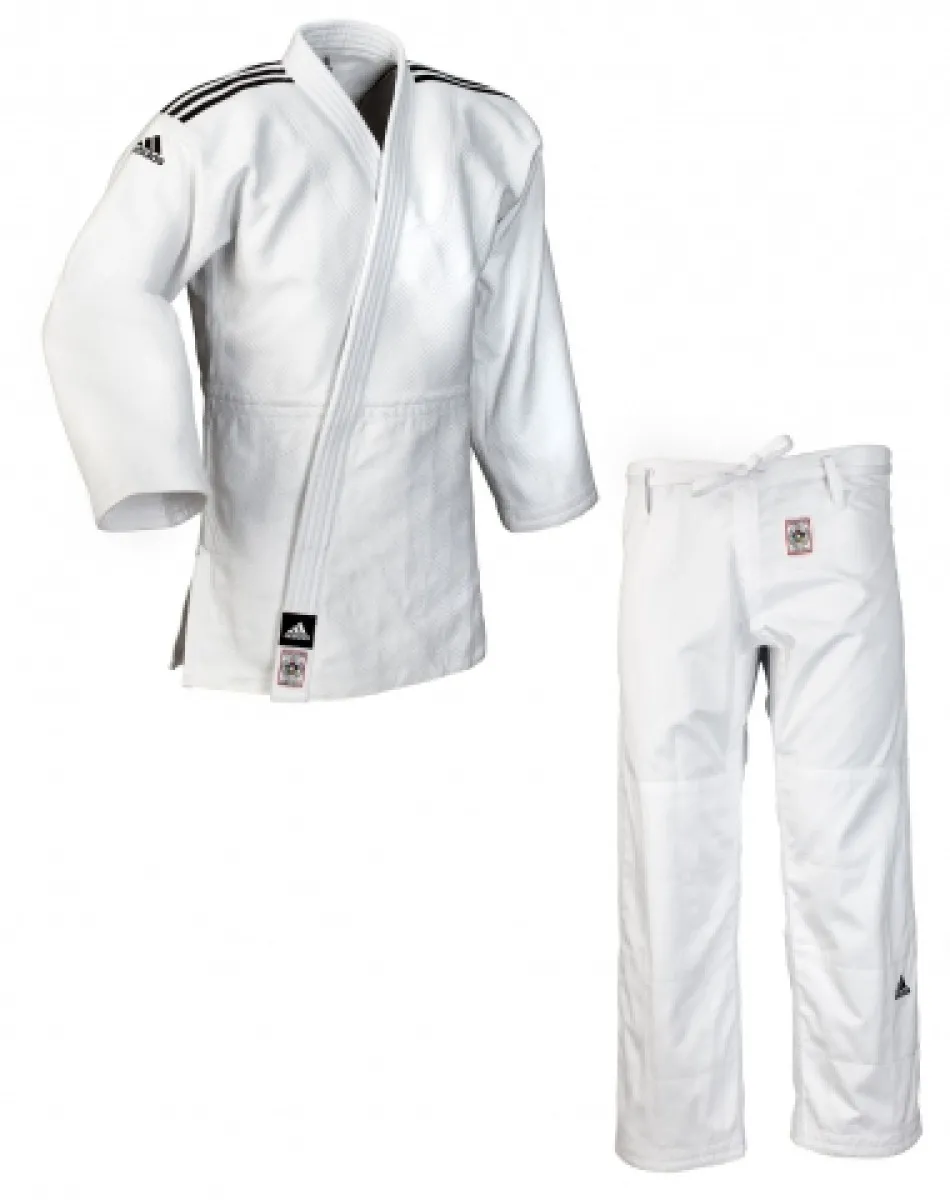 Traje de judo adidas Champion II IJF blanco con bandas negras en los hombros