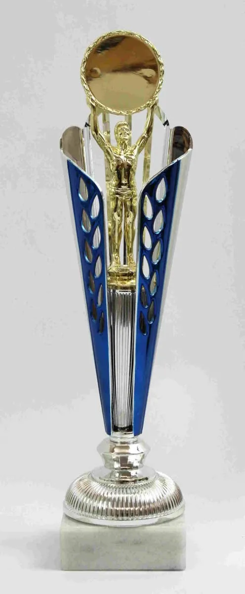 Pokal blau/silber/gold mit Siegerfigur