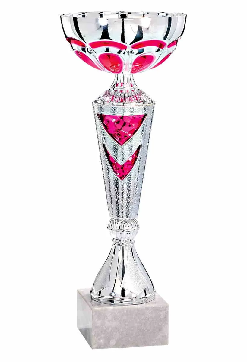Silver goblet with pink accents on a grey marble base