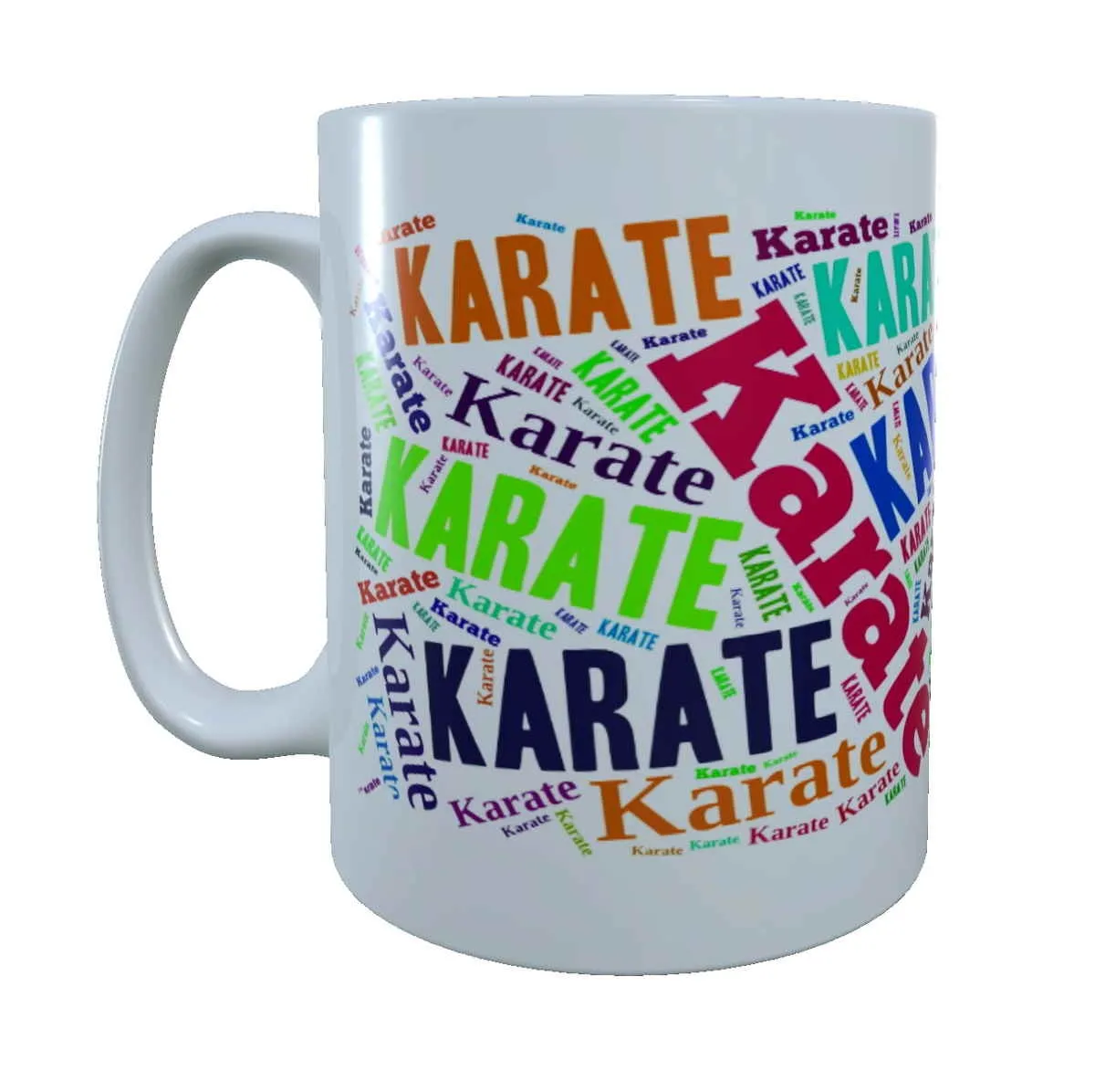 taza blanca estampada con Karate multicolor