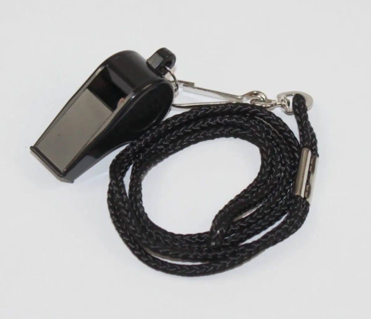 Plastic whistle, nickel-plated. With black lanyard. For judges, referees, referees