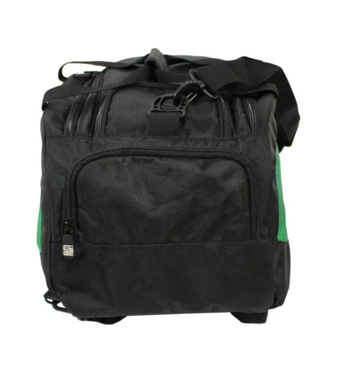 Sports bag with rucksack function in black with turquoise side inserts