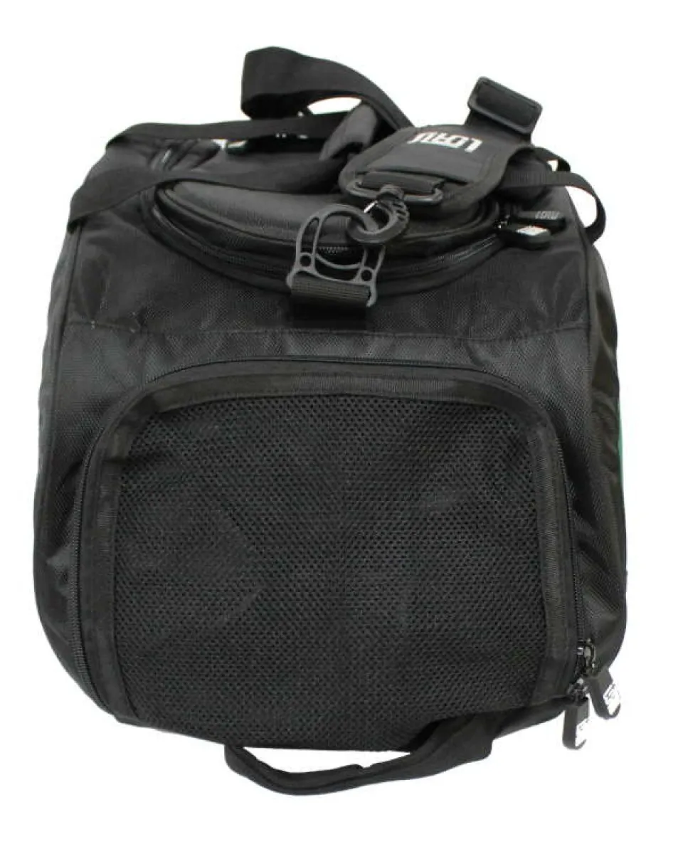 Sports bag with rucksack function in black with green side inserts