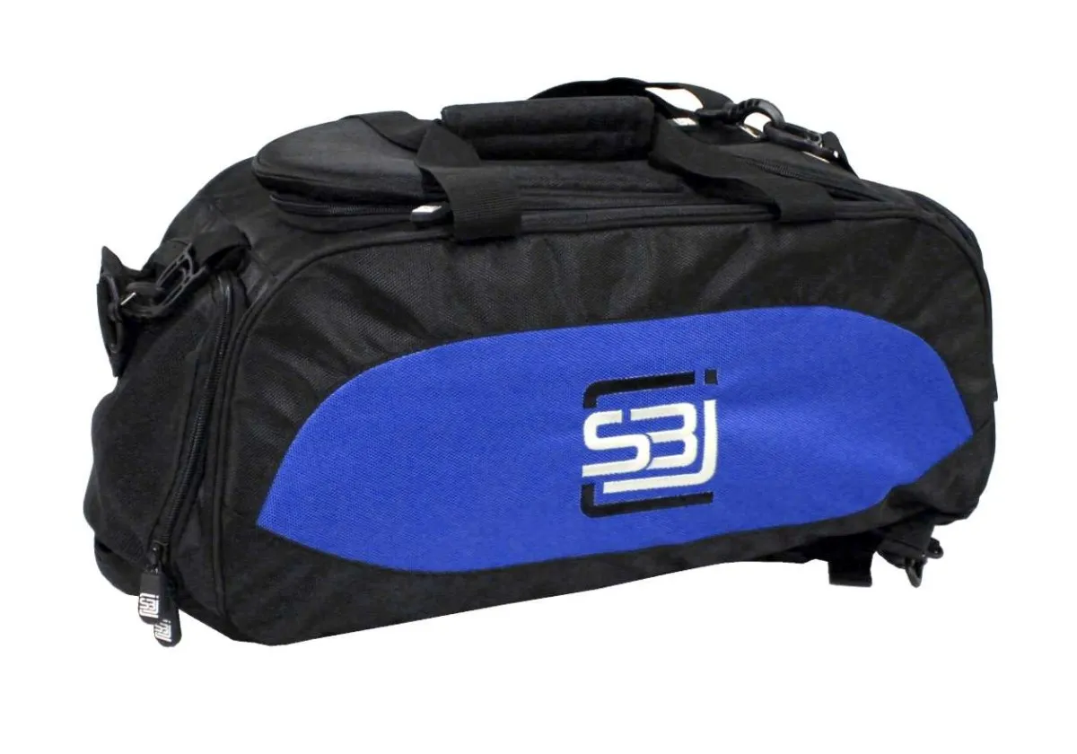 Sports bag with rucksack function in black with coloured side inserts in blue