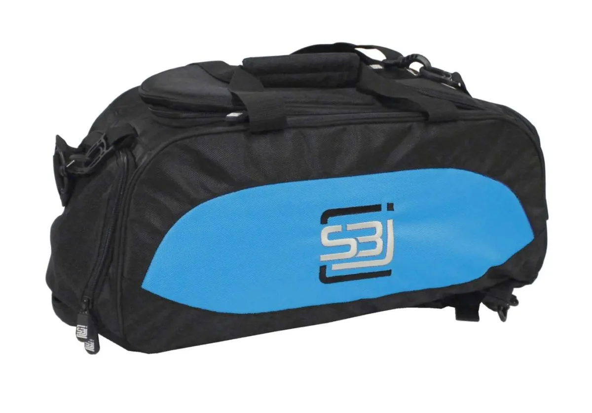 Sports bag with rucksack function in black with coloured turquoise side inserts