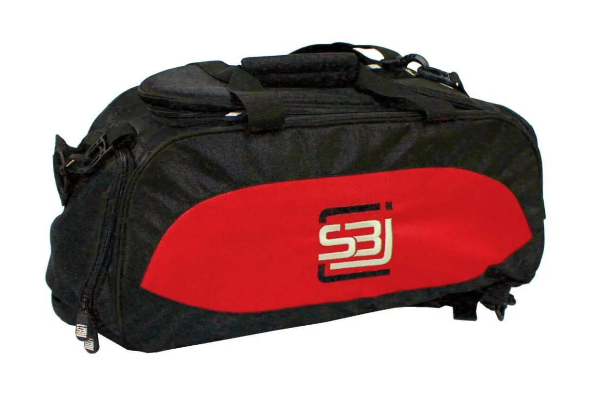 Sports bag with rucksack function in black with coloured side inserts in red